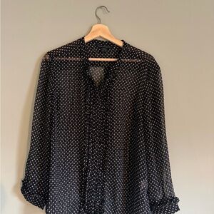 French Connection Black Sheer Blouse with White Dot Print